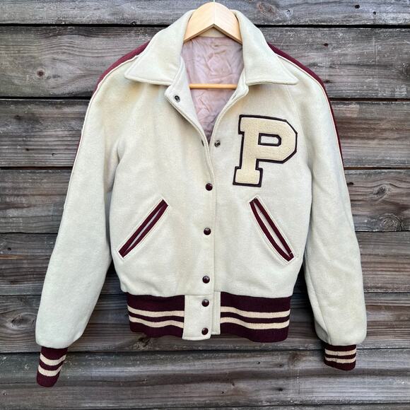 Vintage 50’s-60’s Varsity “P” Embroidered Jacket Off White Maroon Large 19x25 - Picture 10 of 10